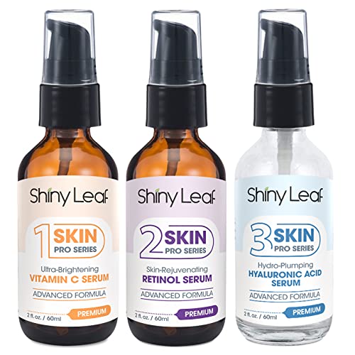 Shiny Leaf Vitamin C Serum, Hyaluronic Acid Serum and Retinol Serum Set, 2 Fl. Oz x 3 Bottles