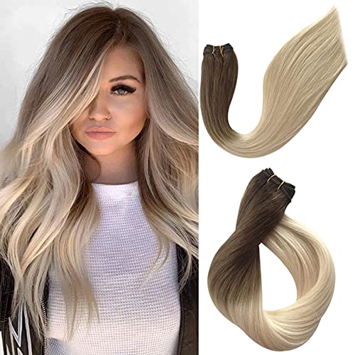 Ombre Sew in Hair Extensions Human Hair 120G Natural Weave Bundles Double Weft Sew in Real Hair Weft Ash Brown to Platinum Blonde Human Hair Extensions for White Women 24 Inch
