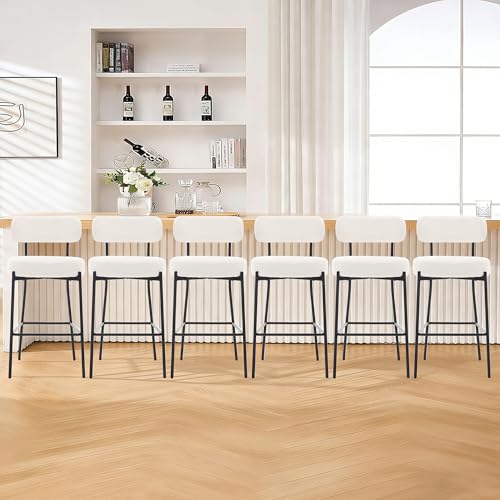 Image of Bar Stools Set of 6, 27 inch White Boucle Counter Height Barstools with Back and Metal Legs, Upholstered Modern Barstools Chairs for Kitchen Island, Counter, Dining Room