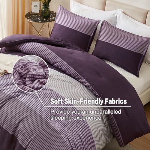 Litanika Purple Queen Comforter Set, 3 Pieces Striped Bedding Set, Lightweight Soft All Season Down Alternative Comforter Set (1 Gray&Purple Comforter, 2 Pillowcases)