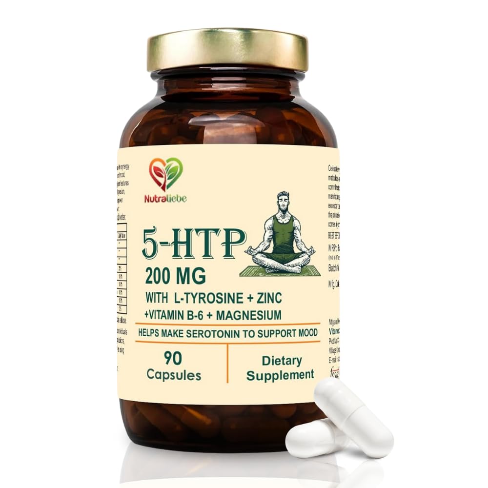 5-HTP 200mg with L-Tyrosine, Zinc, Vitamins B6 & B9, Magnesium, Ashwagandha, Green Tea Extract - 90 Capsules for Mood, Relaxation, and Cognitive Support