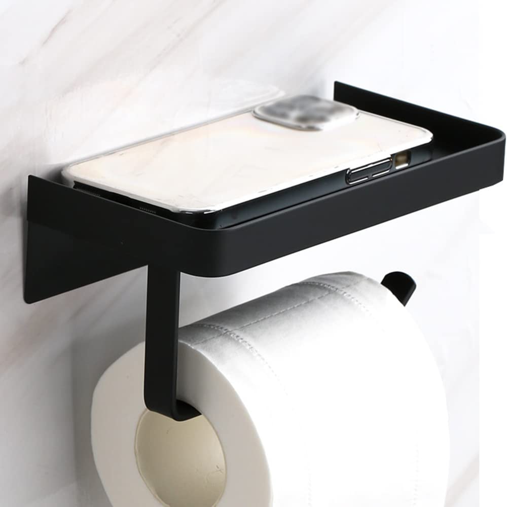 Portarotolo di carta igienica 2 in 1 con mensola, montaggio a parete, in acciaio inox, autoadesivo, per bagno e cucina (nero)