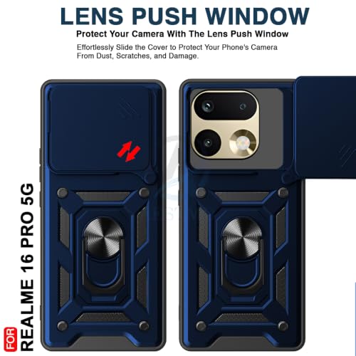 Image of AESTMO Tough Armor Realme 16 Pro 5G Bumper Back Case Cover | Ring Holder & Sliding Camera Shield Cover | 360 Degree Protection Back Case Cover for Realme 16 Pro 5G (Blue)