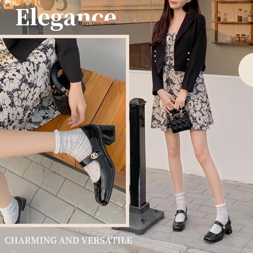 Women's Patent Leather Classic Mary Jane Chunky Heel,Dressy Round Toe Pumps,Retro Mary Jane Soft Work Low Heels3