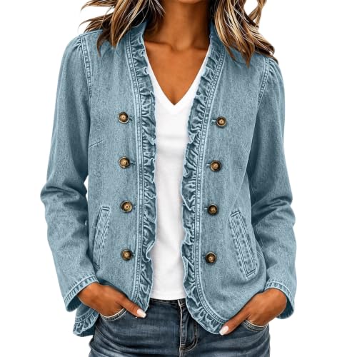 Denim Jacket For Women Ruffled Trim Lapel Open Front Long Sleeve Coats - image 4