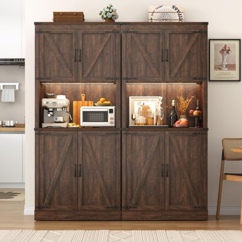 Image of 72 inch Tall Farmhouse Kitchen Pantry Cabinet with LED Light and Power Outlet,Modern Farmhouse Kitchen Storage Cabinet w Load-Bearing Steel Pipe,Barn Doors, Organizer,Food Pantry Cabinets(Rustic Brown)