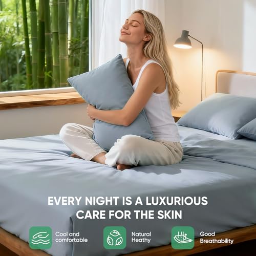 Image of TWK Real 100% Viscose Derived from Bamboo Sheets Set California King Size, Cooling & Silky Soft for Hot Sleeper, Breathable & Moisture Wicking Fabric, 18 inch Deep Pocket with Corner Straps