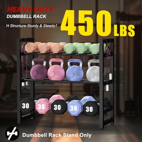  3 Tier Small Dumbbell Weight Rack for Home Gym, Adjustable Weight Storage Organizer with Side Hooks, Space-Saving Home Gym Rack for Dumbbells Kettlebells & Fitness Accessories, Sturdy Anti-Wobble Design, Easy Assembly - Thumbnail 2