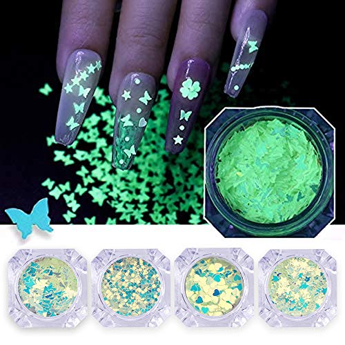 BISHENGYF 4 cajas de lentejuelas luminosas para decoración de uñas, holografía 3D, lentejuelas con purpurina DIY, crecen en la oscuridad con formas de sol de estrellas de corazón de mariposa Cover