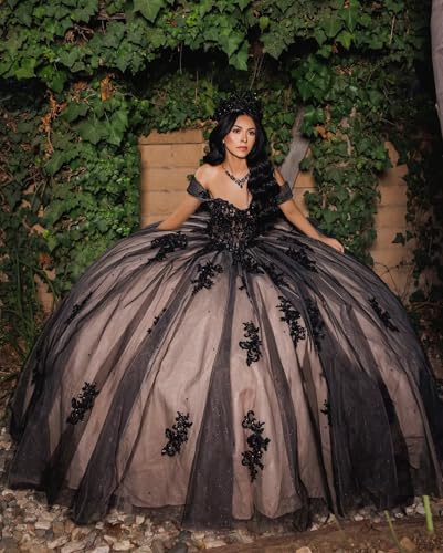 Puffy Tulle Quinceanera Dresses with Train Black Lace Appliques Prom Dresses Gothic Ball Gown for Sweet 15 16 with Bow4