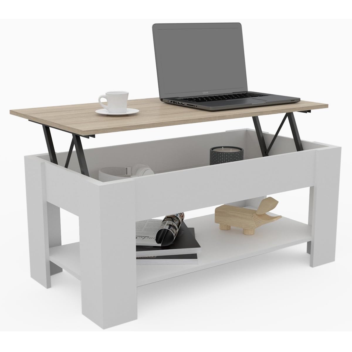 DORMIDAN- Mesa de Centro elevable con Revistero, Comedor o Auxiliar, Mayor Estabilidad. (Blanco Tapa Roble)