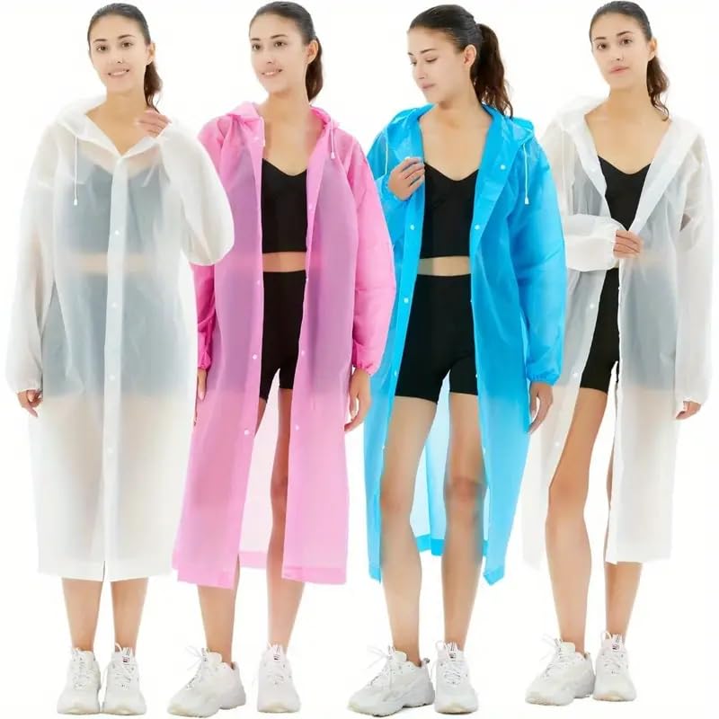 Boolavard Wytrzymałe plastikowe ponczo przeciwdeszczowe dla dorosłych, wielokrotnego użytku, pełne pokrycie, ponczo z kapturem, ze sznurkiem, unisex, zestaw rodzinny, na zewnątrz, w podróż, 4 szt