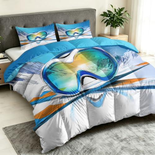 Edredón reversible ultrasuave con estampado moderno de esquí y fundas de almohada de 140x200 3