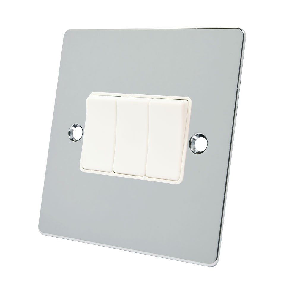 Alliance Electrical FPC3GSWIWH 10 A 3 Gang 2 Way White Insert Flat Plastic Rocker Light Switch - Polished Chrome