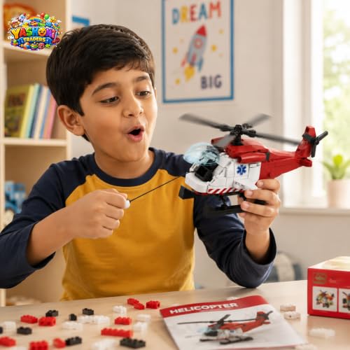 Image of Yashoni Helicopter Building Blocks Set - 185 Pcs Medical Rescue Helicopter Model | Pull String Rotor Action, STEM Construction Toy for Kids 6+ Boys & Girls | Educational 3D Building Kit, Gift