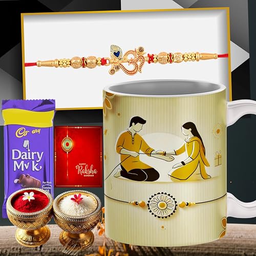Image of Poorak Religious Mug Chocolate Rakhi Gift Set - 1 Printed Mug, 1 Rakhi for Brother, 1 Chocolate, 1 Greeting Card, 1 Roli Chawal