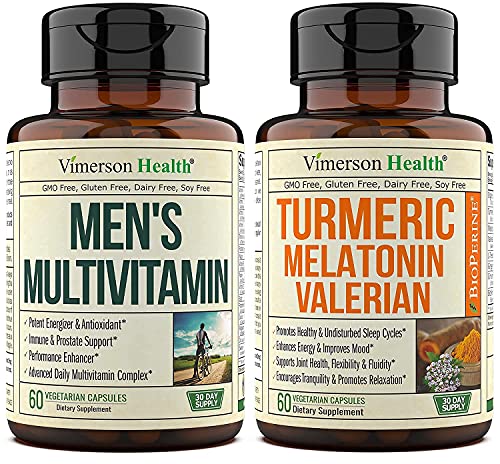 Vimerson Health Mens Multivitamins + Turmeric Melatonin Valerian Bundle for Joint Support and Discomfort Relief, Immune Health, Inflammatory Response, Sleep Aid for Him