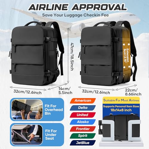 Image of Travel Backpack with Compression Vacuum Storage Bag & Electric Pump, Expandable Flight Approved Carry On Backpack, 18x14x8 inches Personal Item Travel Bag for Men Women, Black