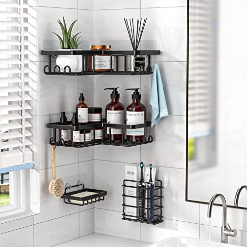 Yasonic Corner Shower Caddy, 4-Pack Adhesive Shower Caddy With Soap Holder And 12 Hooks, Rustproof Stainless Steel Bathroom Shower Organizer, No Drilling Wall Mounted Shower Rack, For Bathroom, Black #TOP6