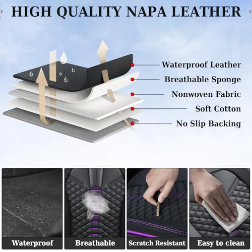 Image of Coverado Car Seat Covers Front Seats, Nappa Leather Black&Purple Car Seat Cover, Automotive Seat Covers, Waterproof Driver Seat Protector, 2 Pack Front Seat Cover Car Seat Cushion Fit for Most Cars