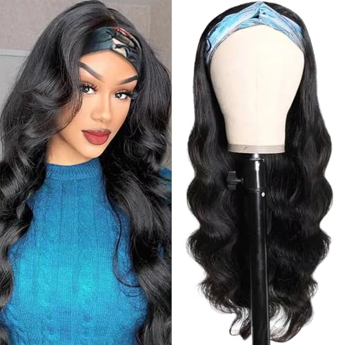 Headband Wig Human Hair Body Wave Headband Wigs None Lace Front Half Wig Glueless Virgin Brazilian Body Wave Machine Made Wigs for Black Women Brazilian Virgin Human Hair 16 Inch Natural Color