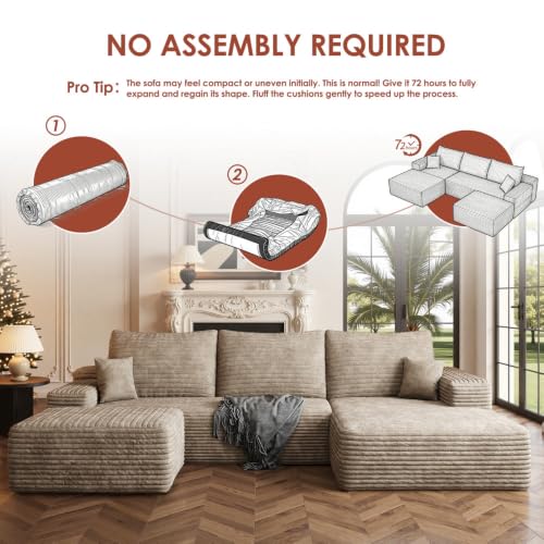 Image of Boneless Couch, Modular Sectional Couches for Living Room, U-Shaped Cloud Couch Sofa with Deep Seat, Fluffy Corduroy Upholstered Corner Sofa