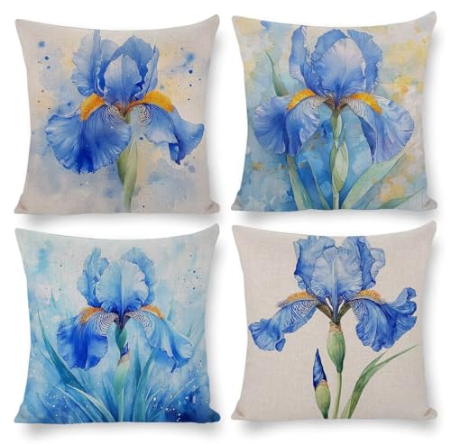 クッションカバー 4枚セット 60x60cm 正方形 おしゃれ かわいい 北欧 隠しファスナー ビロード ソファ背当て 装飾枕カバー 座布団カバー 家庭装飾 車 椅子 飾り 四季通用 インテリア 女性 祝日のプレゼント (アヤメの花) q-771