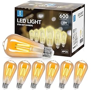 Aigostar Vintage Edison Gloeilampen 6Pack, E27 6W (48W Equivalent) Gloeilampen, 2200K Warm Witte Retro Gloeilampen, Perfect Voor Huizen, Bars, Coffeeshops, Binnenplaats, Ect.