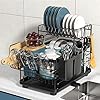 Aonee 2 Tier Dish Drying Rack with Drainboard, Cutlery Holder, Cutting-Board/ Cup Holder and 3 Hooks for Kitchen Counter, Rust-Proof Large Dish Drainer, Black