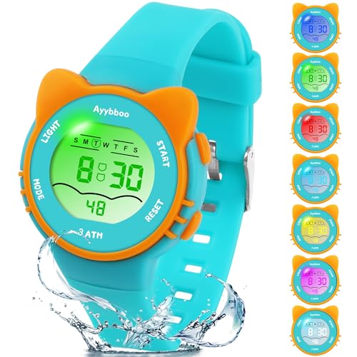 Ayybboo Relojes para Niños,Reloj Infantil con 7 Luces de Colores,Reloj Digital para Niños con Motivo de Gato,Resistente al Agua 3ATM Correa Suave Relojes para Niños y Niñas de 4 a 12 Años (Verde)