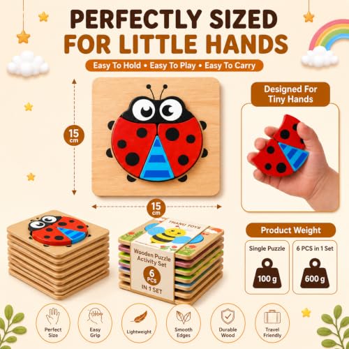 Image of Wooden Jigsaw Puzzles Set | Puzzle Game for Kids 3 to 5 Years | 6 in 1 Animal & Vehicle Puzzle Toy for Shape Matching Activity Play | Multi Color |1 Set