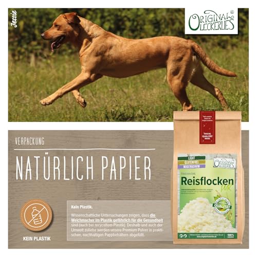 ORIGINAL LECKERLIES Reisflocken, 1kg ballaststoffreiche Hundeflocken glutenfrei und fettarm, geschält und vorgegart, Hundefutter- Naturprodukt für Hunde, barfen