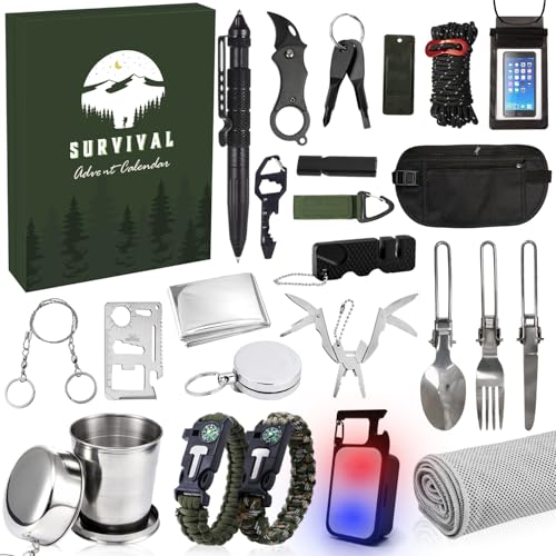 YYSWSAKY Calendario de Adviento 2025 Hombres, 24 PCS Kit de Herramientas de Supervivencia, Kit de Supervivencia para Acampada, Regalo Navidad Calendario Adviento para Adultos y Adolescentes