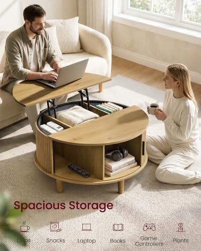 Image of VASAGLE Round Coffee Table, Lift Top Coffee Table with Tambour Sliding Door
