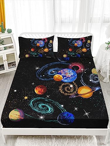 AILONEN Outer Space Twin XL Size Fitted Sheet 3 Pieces Set, Galaxy Starry Sheet for Kids Boys - Eight Planet Theme Soft Breathable Bed Sheet, 1 Fitted Sheet and 2 Pillowcases