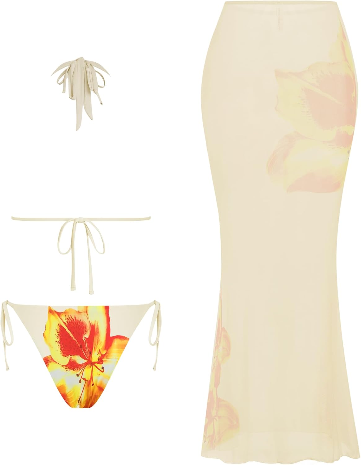 ZAFUL Women's 3 Piece Floral Swimsuit Draped Neck Halter Bikini Tie Side Bathing Suit with Sheer Cover Up Skirt - Image 3