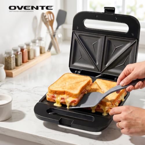 OVENTE Electric Sandwich Maker, 750W Non-Stick Plates, Black GPS401B