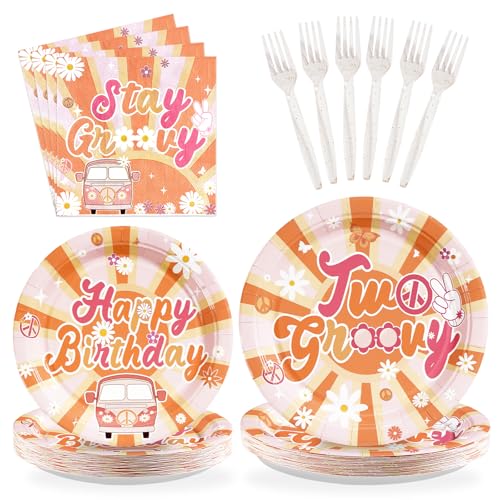 96Pcs Groovy Two Birthday Party Decorations Boho Groovy 2nd Birthday Plates and Napkins Sets Hippie Boho Retro Rainbow Decorations for Girls 2 Year Old Gender Reveal Daisy Flower Supplies Serves 24