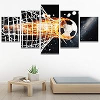SIGNWIN 5 Panel Canvas Wall Art Soccer Fire Breaking Through The Net Abstract Plants Illustrations Impressionism Modern Panoramic Relax/Calm Multicolor for Living Room, Bedroom, Office - 60