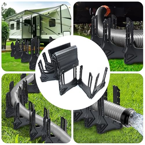Image of 15FT RV Sewer Hose Support - Adjustable Height Camper Sewer Hose Holder with Quick Setup, Secure Rubber Bands, and Carry Strap for Travel Trailers and Motorhomes, Ensures Fast & Thorough Drainage