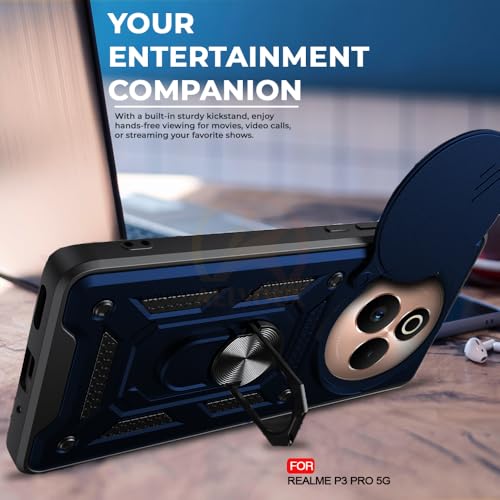 Image of Armor Bumper Back Cover Case for Realme P3 Pro 5G Rotating Camera Cover, Ring Holder & Kickstand | Heavy Duty & 360 Degree Protection Realme P3 Pro 5G Back Cover (Blue)
