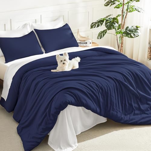 Image of Litanika Navy Blue Comforter Set Full Size, 3 Pieces Boys Men Lightweight Solid Bedding Comforter Set, All Season Fluffy Down Alternative Bed Set (79x90In Comforter & 2 Pillowcases)