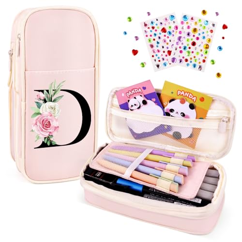 Image of Preppy Pencil Case for Girls, Cute Large Pencil Pouch, Personalized Initial Pencil Bag with Zipper for School College Office Supplies, Back to School Supplies Gifts for Teen Girls (D, Pink)