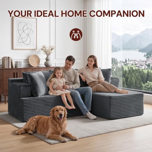 Image of Korser Boneless Couches for Living Room, Cloud Couch Sectional with Ottoman, L-Shaped Sofa with Fluffy Comfy Corduroy Deep Seat, Bedroom, Apartment, No Assembly Required