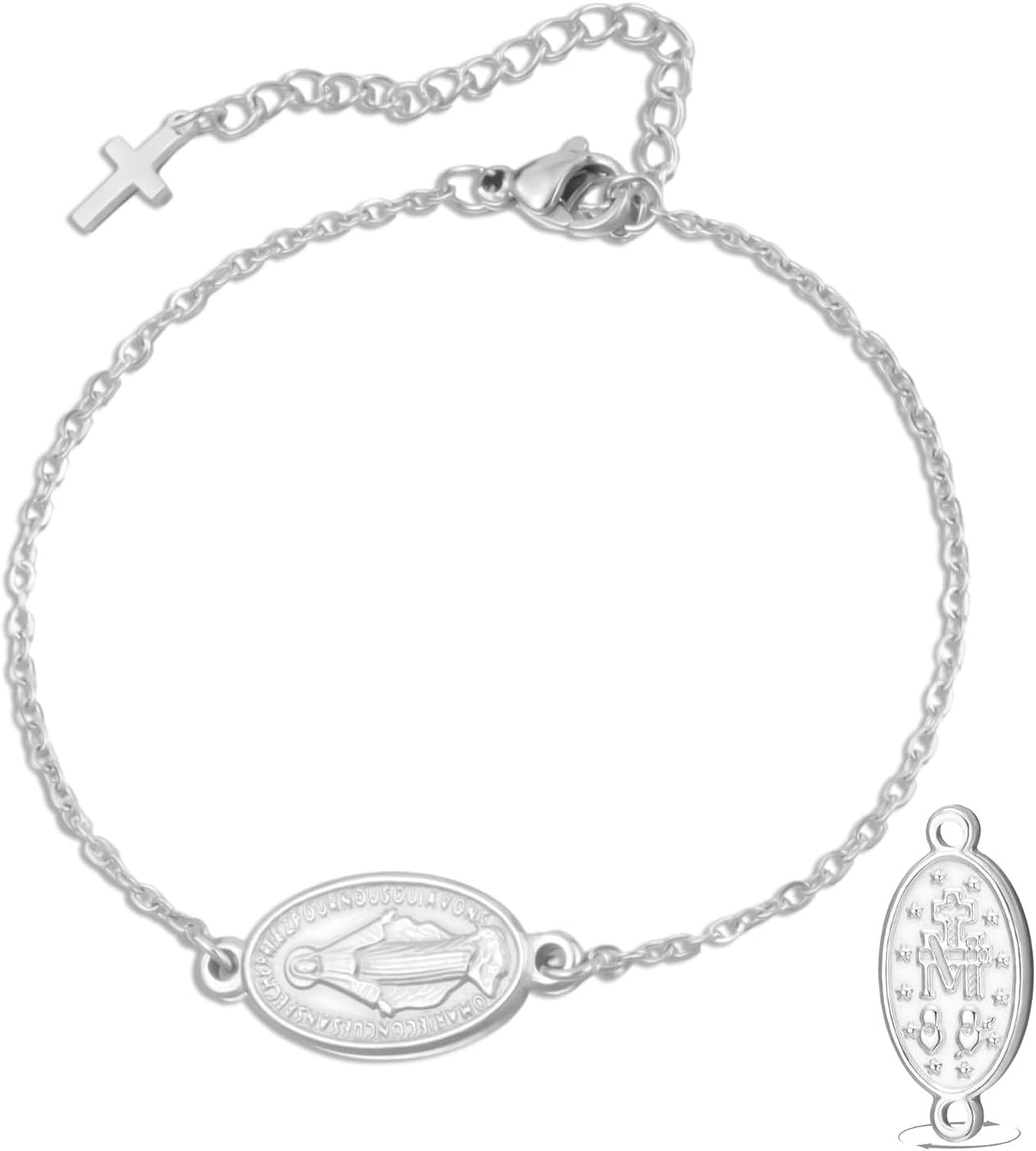 Eouyt Double Sided Rosary Bracelet for Women Men with Virgin Mary Medal Handmade Braided Rope Religious Jewelry Catholic Christian Gift, silver 12