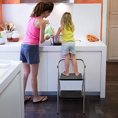Delxo Folding Step Stool- 2 Step Ladder with Anti-Slip Pedal, Hold Up to 330LBS Lightweight and Multi-Use for Household and Kitchen Small 2 Step Stool Steel Grey