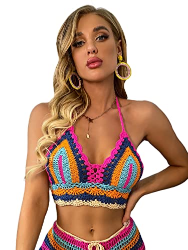 Milumia Women's Boho Striped Crochet Knit Swim Cover Ups Top Tie Back Halter Coverup Multicolor Medium