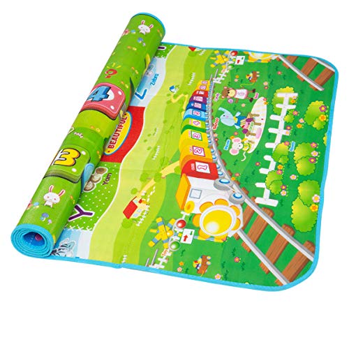 hollylife Alfombra Juego Infantíl 180 x 100 cm, Alfombra Plegable de Actividades en Suelo Parque, 2 Caras de Patrón Playmat con Números, Letras y Animales, con Bolsa