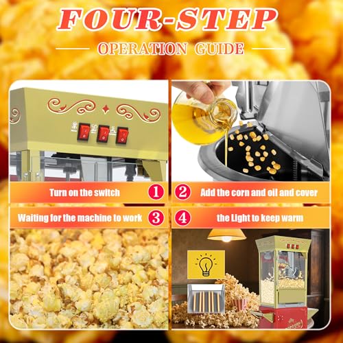 Image of 12 Oz Popcorn Machine with Cart (Red) - Medium Capacity Vintage Popcorn Maker - 3 Easy Switches with Storage, 4 Spoons for Home & Light Commercial Use