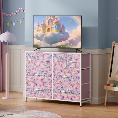 Image of WLIVE Dresser for Bedroom with 8 Drawers, Wide Fabric Dresser for Storage and Organization, Bedroom Dressers, Chest of Drawers for Living Room, Closet, Hallway, Tie-dye Print (Pink, Purple, Blue)